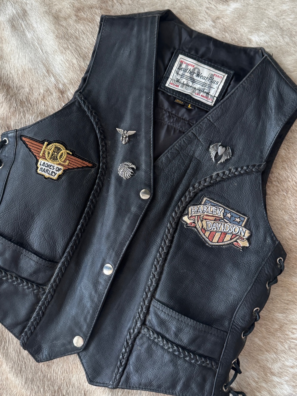 Harley-Davidson Black Leather Vest with Embroidered Patches